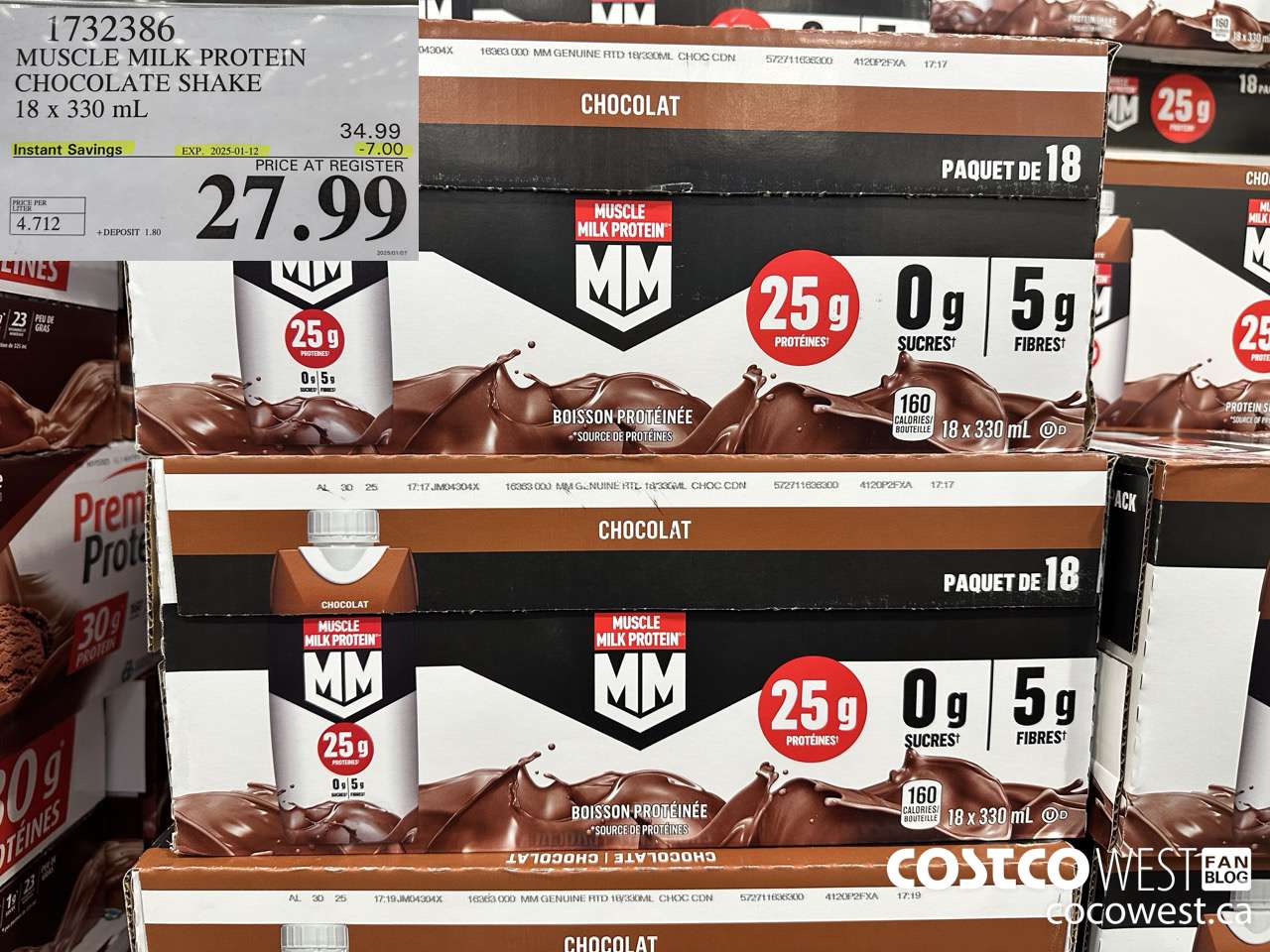 1732386 MUSCLE MILK PROTEIN CHOCOLATE SHAKE 18 x 330 mL ($7.00 INSTANT SAVINGS EXPIRES ON 2025-01-12) $27.99