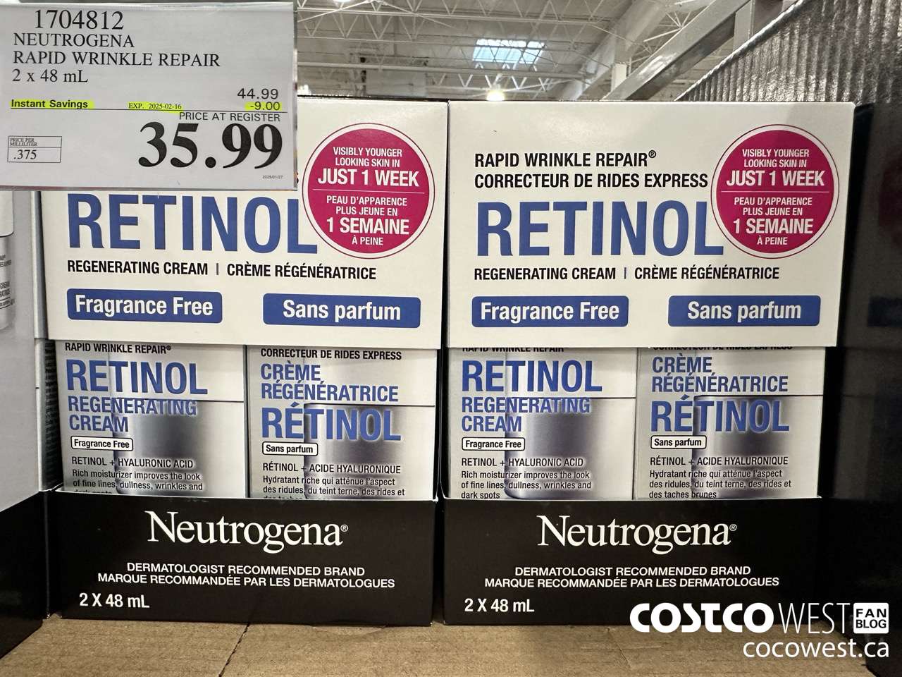 1704812 NEUTROGENA RAPID WRINKLE REPAIR 2 X 48ML ($9.00 INSTANT SAVINGS EXPIRES ON 2025-02-16) $35.99