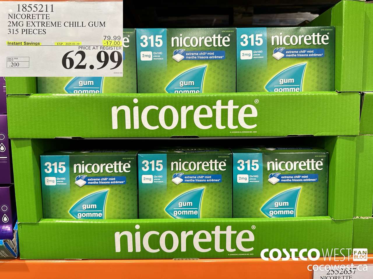 1855211 NICORETTE 2MG EXTREME CHILL GUM 315 PIECES ($17.00 INSTANT SAVINGS EXPIRES ON 2025-01-19) $62.99