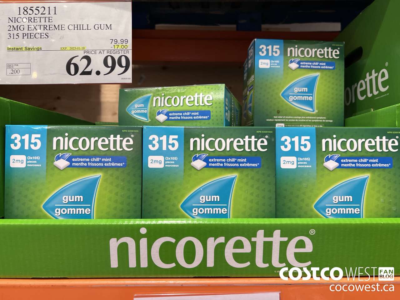 1855211 NICORETTE 2MG EXTREME CHILL GUM 315 PIECES ($17.00 INSTANT SAVINGS EXPIRES ON 2025-01-19) $62.99