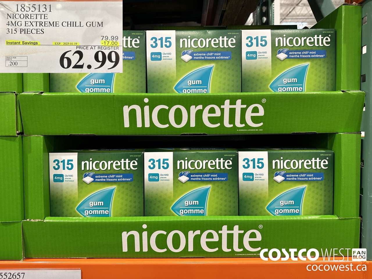 1855131 NICORETTE 4MG EXTREME CHILL GUM 315 PIECES ($17.00 INSTANT SAVINGS EXPIRES ON 2025-01-19) $62.99