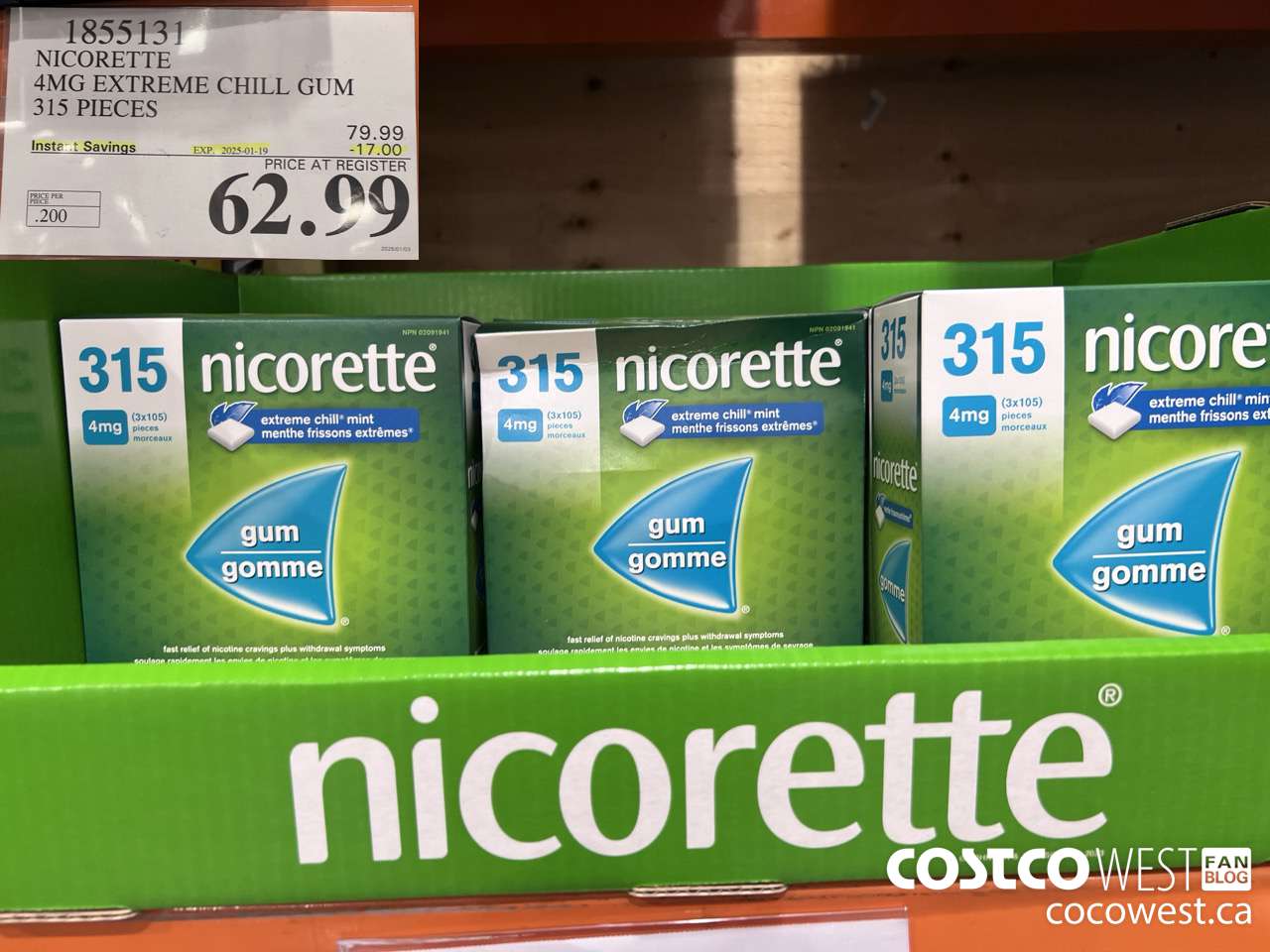 1855131 NICORETTE 4MG EXTREME CHILL GUM 315 PIECES ($17.00 INSTANT SAVINGS EXPIRES ON 2025-01-19) $62.99