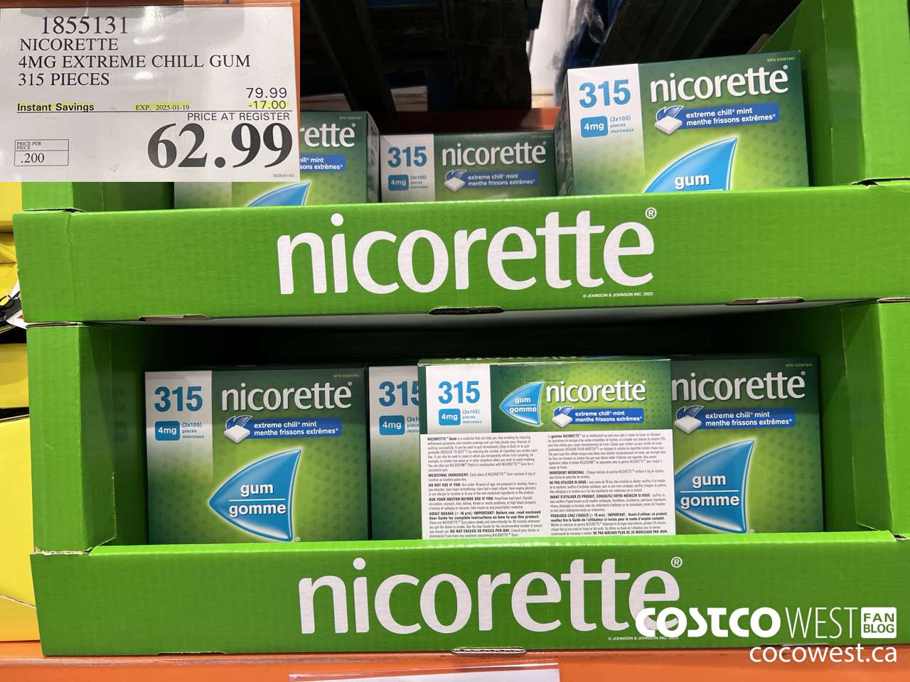 1855131 NICORETTE 4MG EXTREME CHILL GUM 315 PIECES ($17.00 INSTANT SAVINGS EXPIRES ON 2025-01-19) $62.99