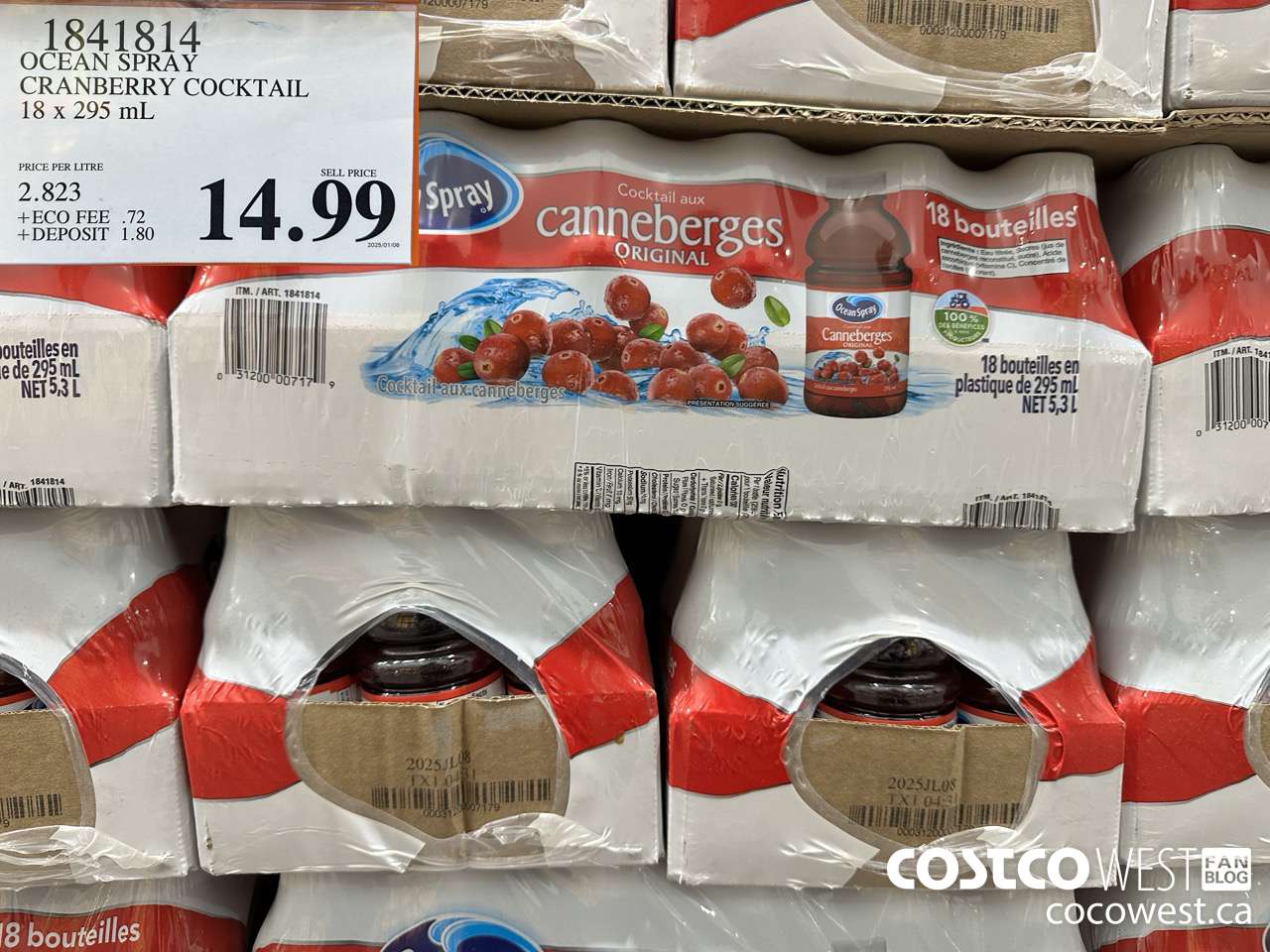 1841814 OCEAN SPRAY CRANBERRY COCKTAIL 18 X 295ML $14.99