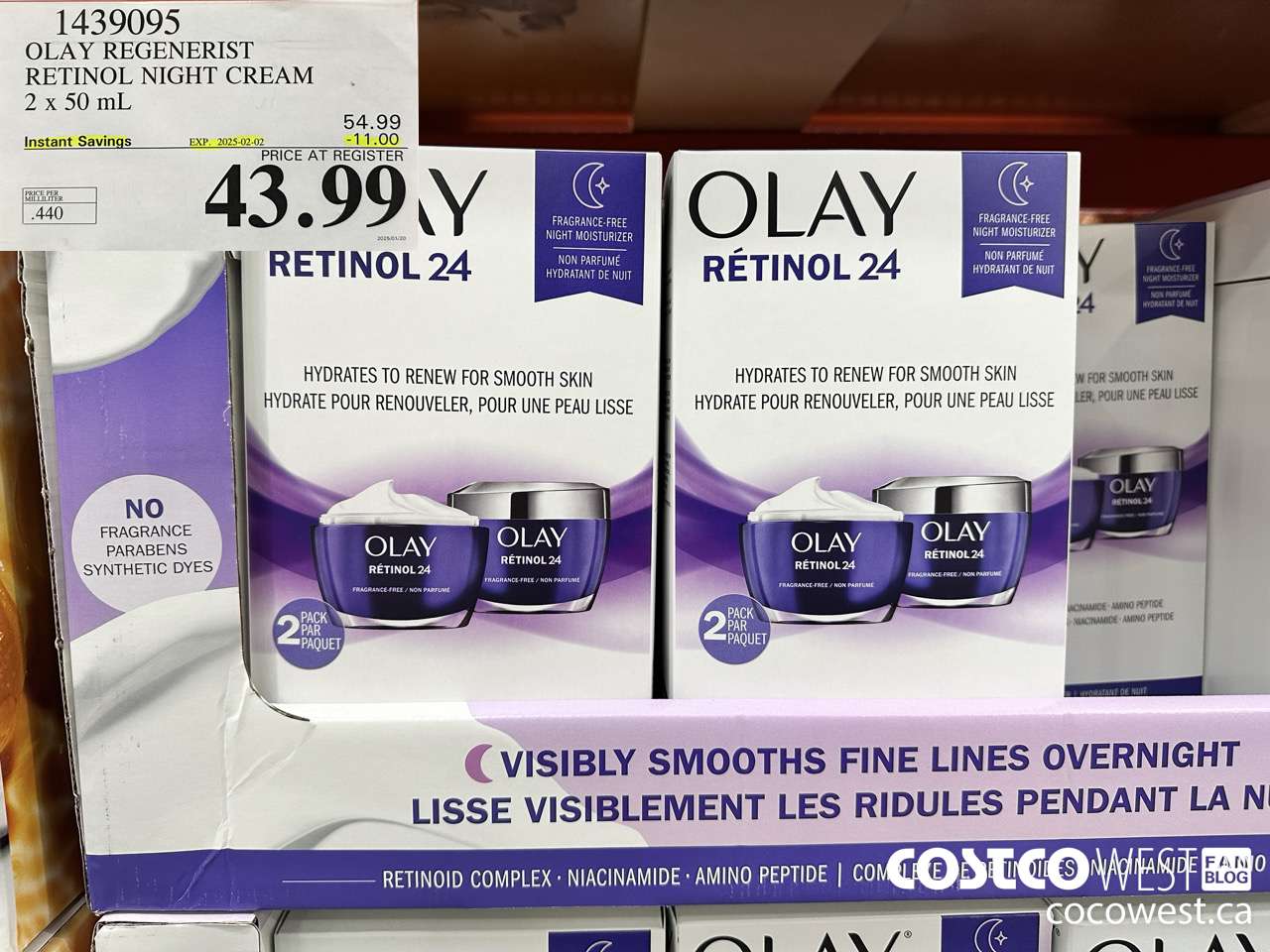 1439095 OLAY REGENERIST RETINOL24 NIGHT CREAM 2 x 50 mL ($11.00 INSTANT SAVINGS EXPIRES ON 2025-02-02) $43.99