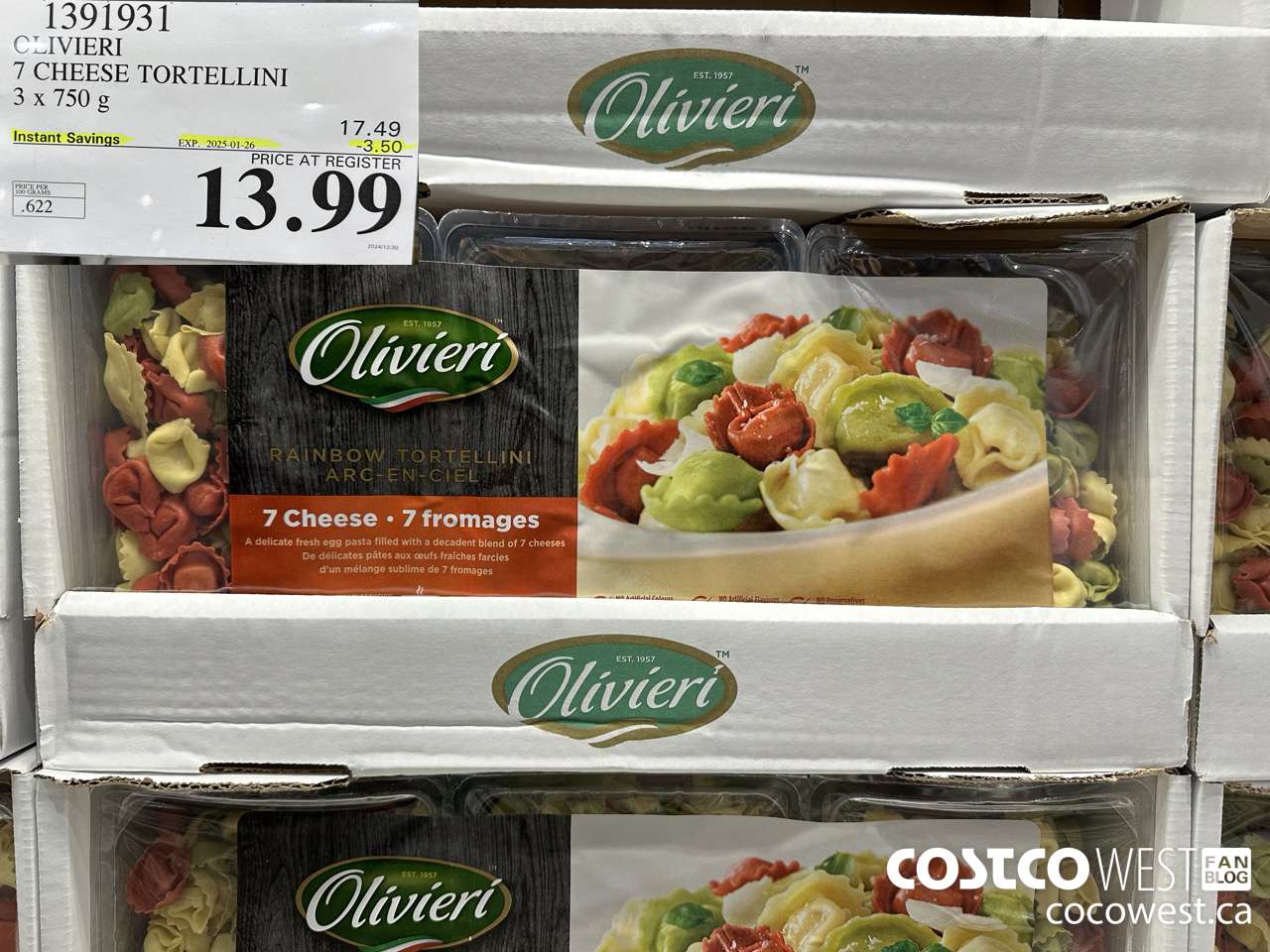 1391931 OLIVIERI 7 CHEESE TORTELLINI 3 x 750 g ($3.50 INSTANT SAVINGS EXPIRES ON 2025-01-26) $13.99