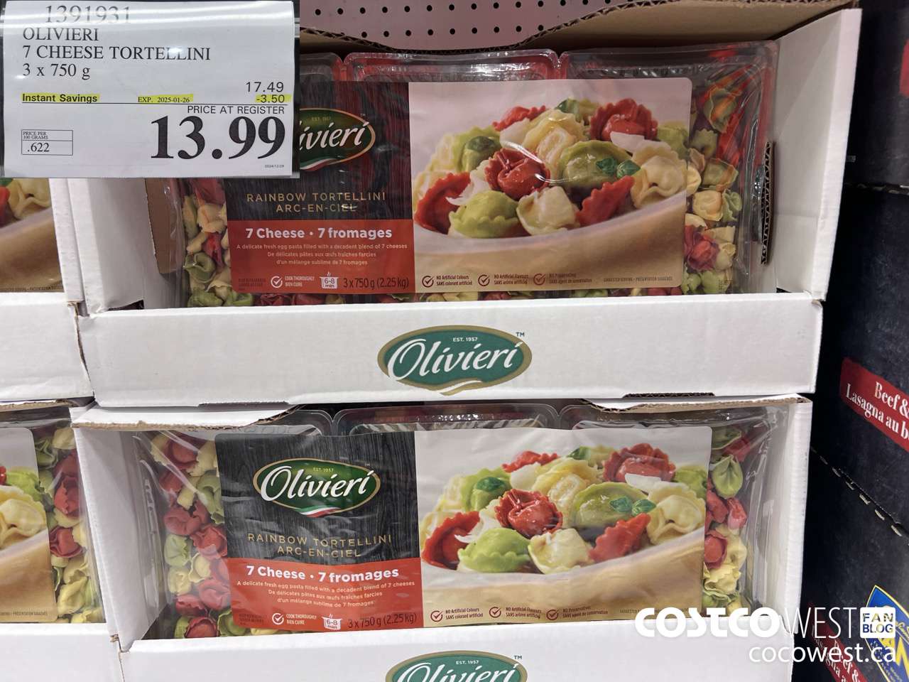 1391931 OLIVIERI 7 CHEESE TORTELLINI 3 x 750 g ($3.50 INSTANT SAVINGS EXPIRES ON 2025-01-26) $13.99