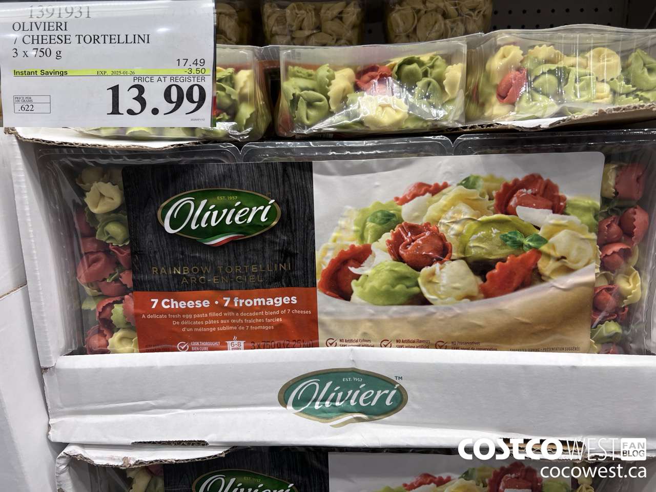 1391931 OLIVIERI 7 CHEESE TORTELLINI 3 x 750 g ($3.50 INSTANT SAVINGS EXPIRES ON 2025-01-26) $13.99