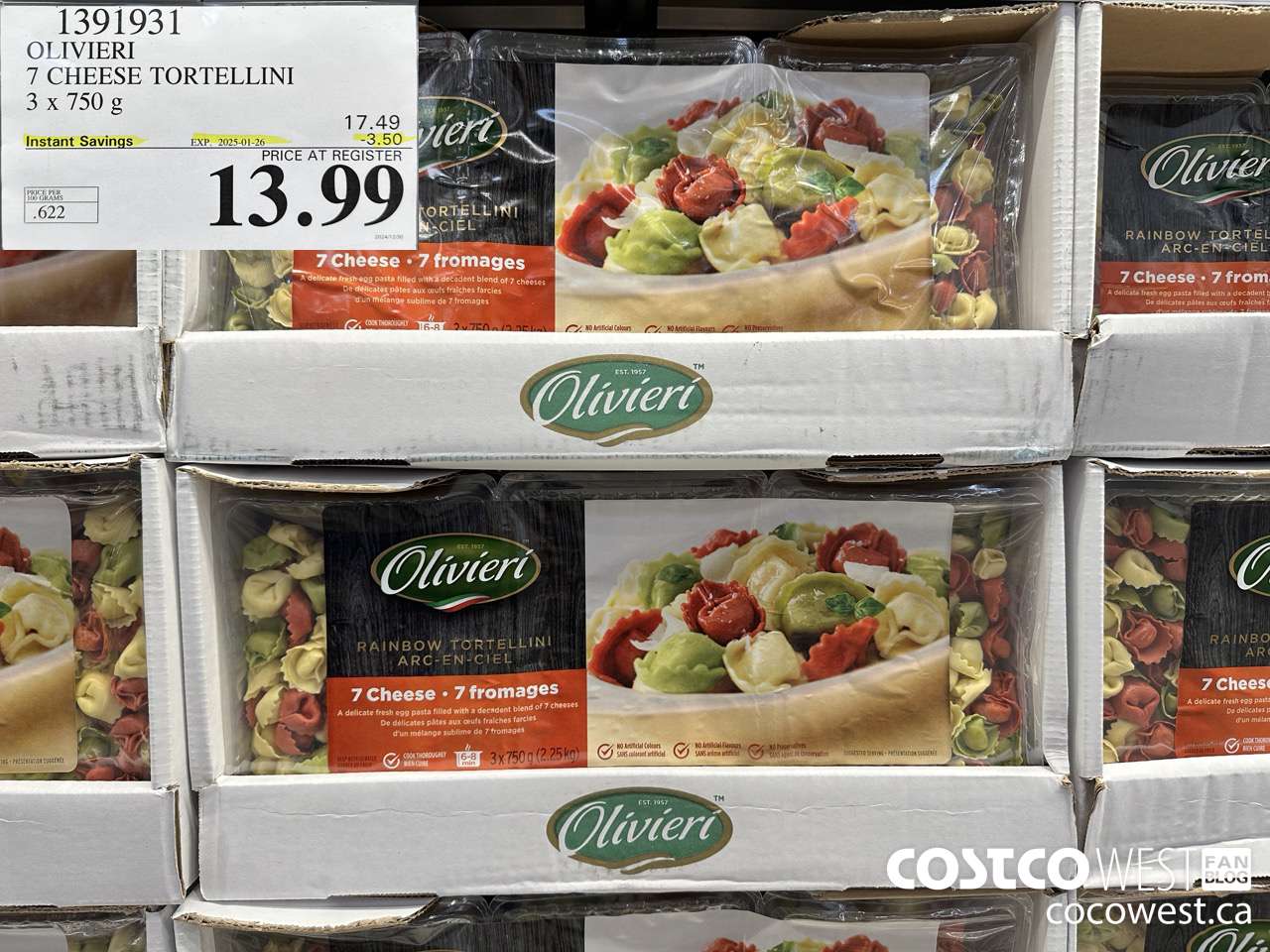 1391931 OLIVIERI 7 CHEESE TORTELLINI 3 x 750 g ($3.50 INSTANT SAVINGS EXPIRES ON 2025-01-26) $13.99