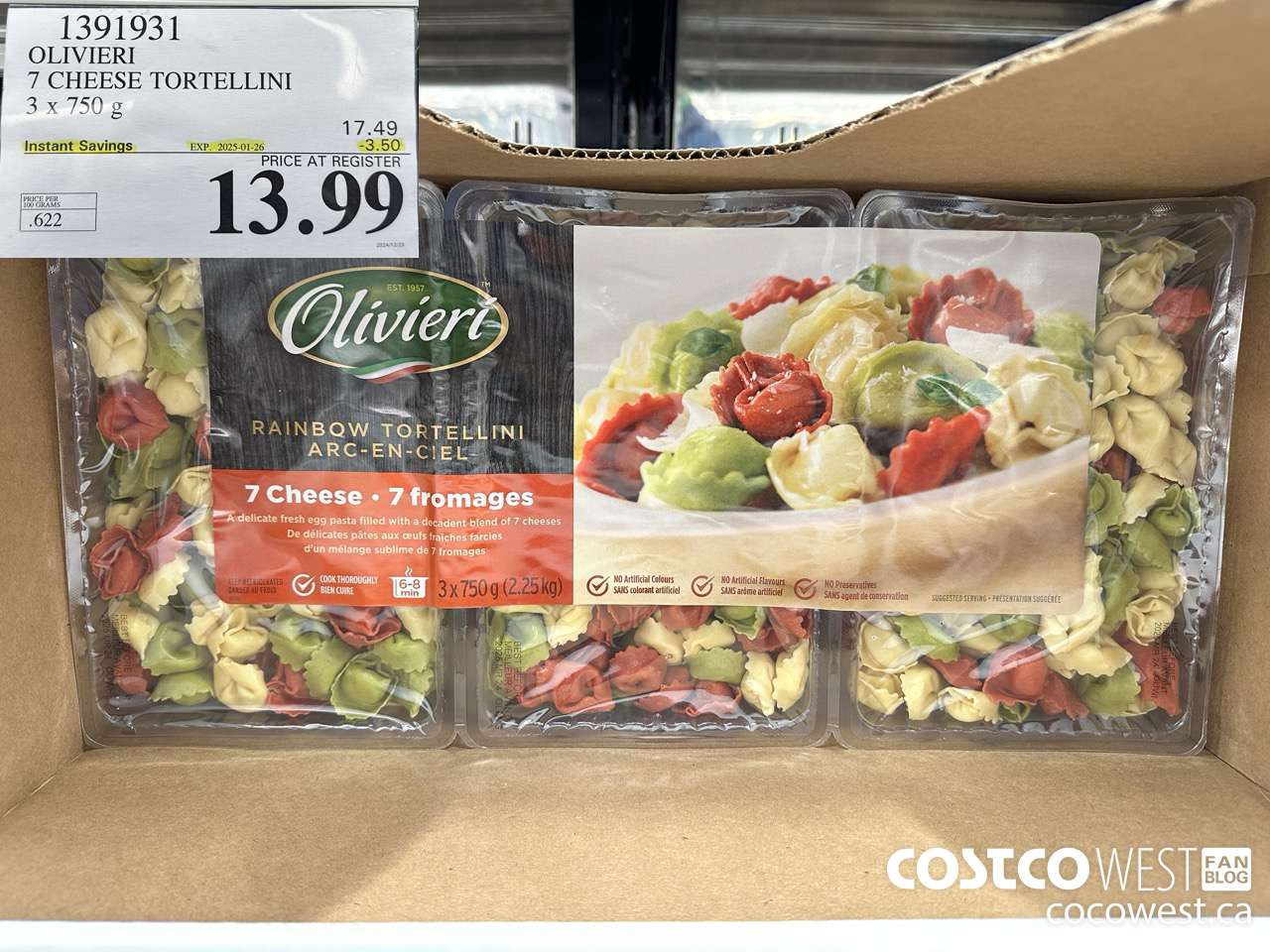 1391931 OLIVIERI 7 CHEESE TORTELLINI 3 x 750 g ($3.50 INSTANT SAVINGS EXPIRES ON 2025-01-26) $13.99