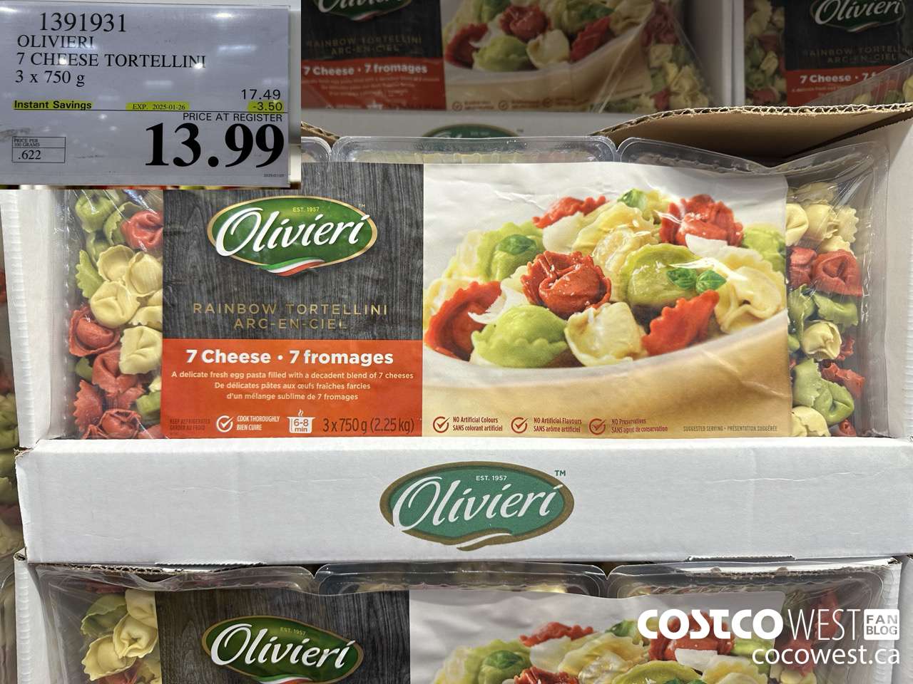 1391931 OLIVIERI 7 CHEESE TORTELLINI 3 x 750 g ($3.50 INSTANT SAVINGS EXPIRES ON 2025-01-26) $13.99