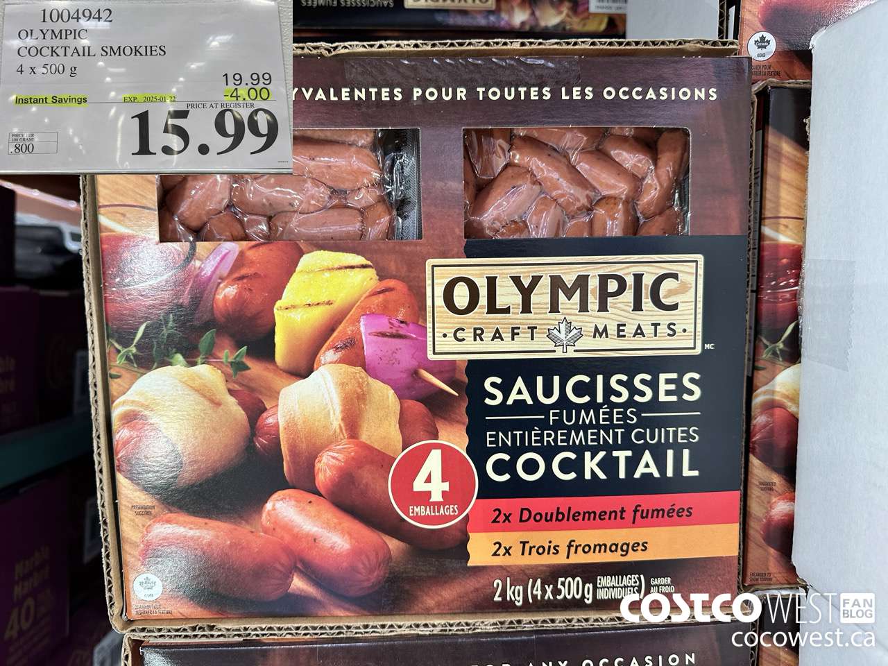 1004942 OLYMPIC COCKTAIL SMOKIES 4 X 500 G ($4.00 INSTANT SAVINGS EXPIRES ON 2025-01-22) $15.99