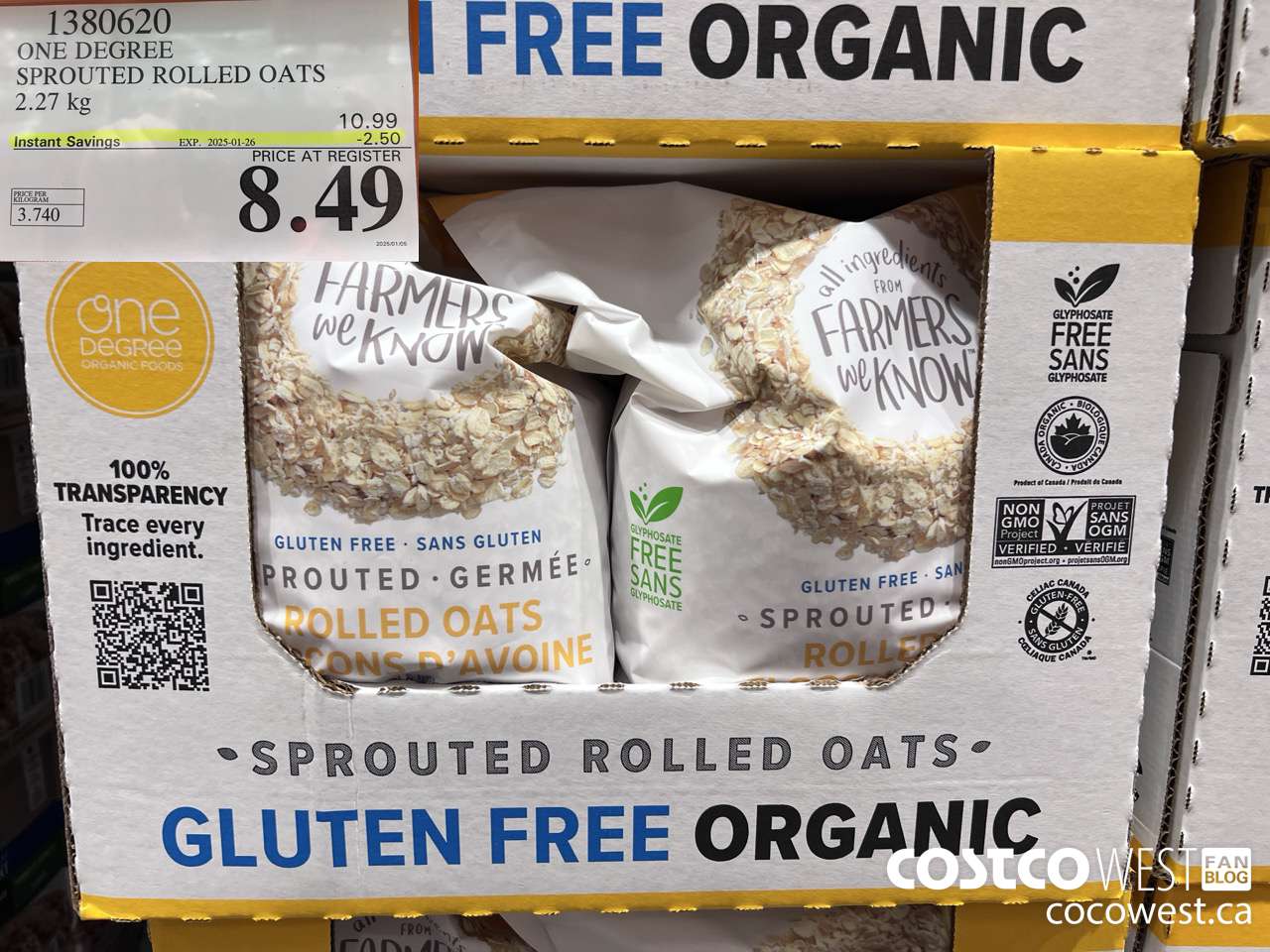 1380620 ONE DEGREE SPROUTED ROLLED OATS 2.27 KG ($2.50 INSTANT SAVINGS EXPIRES ON 2025-01-26) $8.49