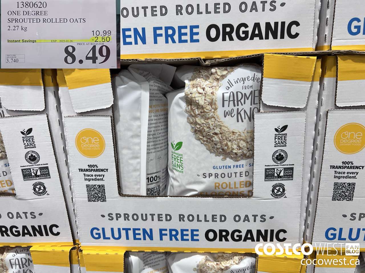 1380620 ONE DEGREE SPROUTED ROLLED OATS 2.27 KG ($2.50 INSTANT SAVINGS EXPIRES ON 2025-01-26) $8.49