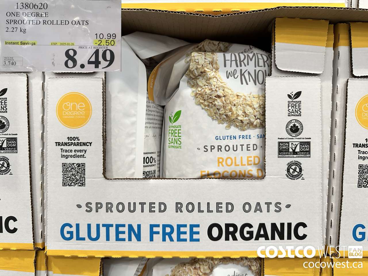 1380620 ONE DEGREE SPROUTED ROLLED OATS 2.27 KG ($2.50 INSTANT SAVINGS EXPIRES ON 2025-01-26) $8.49