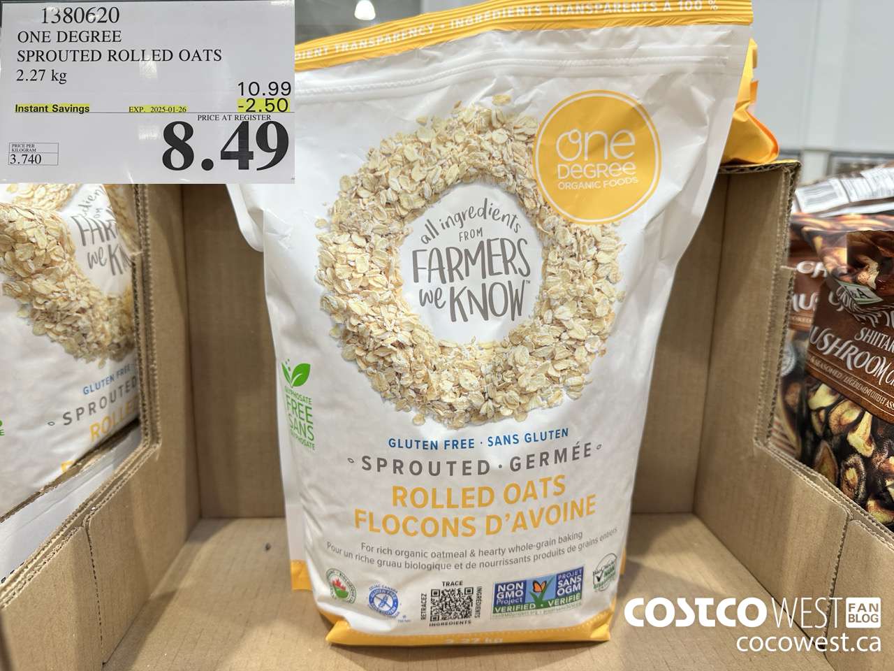 1380620 ONE DEGREE SPROUTED ROLLED OATS 2.27 KG ($2.50 INSTANT SAVINGS EXPIRES ON 2025-01-26) $8.49