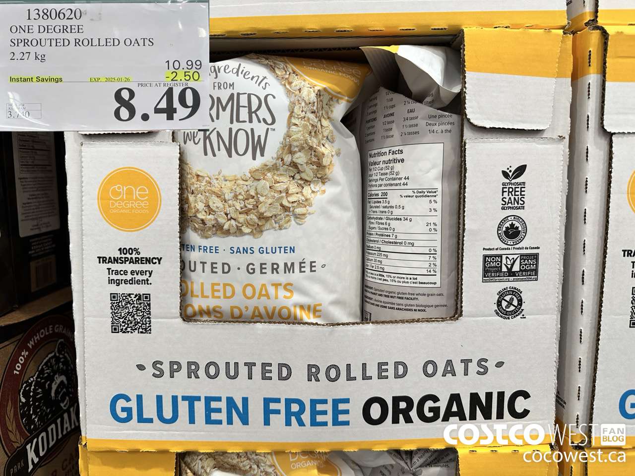 1380620 ONE DEGREE SPROUTED ROLLED OATS 2.27 KG ($2.50 INSTANT SAVINGS EXPIRES ON 2025-01-26) $8.49