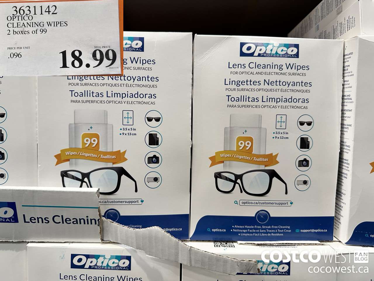 3631142 OPTICO CLEANING WIPES 2 BOXES OF 99 $18.99