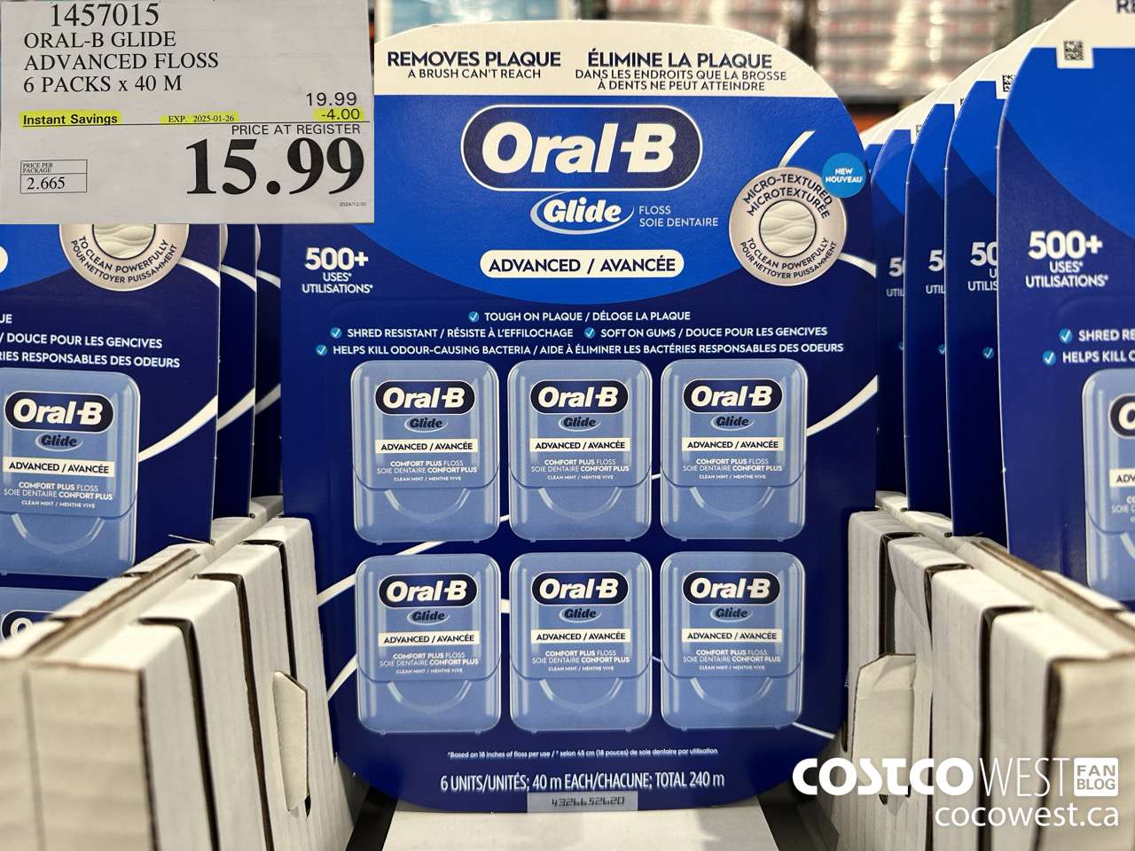 1457015 ORAL-B GLIDE ADVANCED FLOSS 6 PACKS x 40 M ($4.00 INSTANT SAVINGS EXPIRES ON 2025-01-26) $15.99