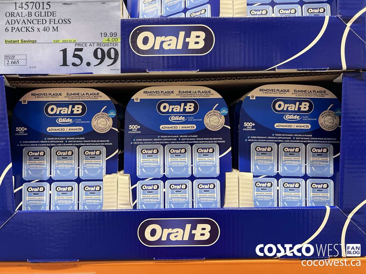 1457015 ORAL-B GLIDE ADVANCED FLOSS 6 PACKS x 40 M ($4.00 INSTANT SAVINGS EXPIRES ON 2025-01-26) $15.99