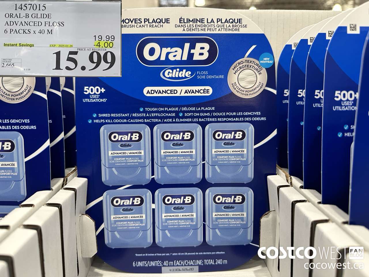 1457015 ORAL-B GLIDE ADVANCED FLOSS 6 PACKS x 40 M ($4.00 INSTANT SAVINGS EXPIRES ON 2025-01-26) $15.99