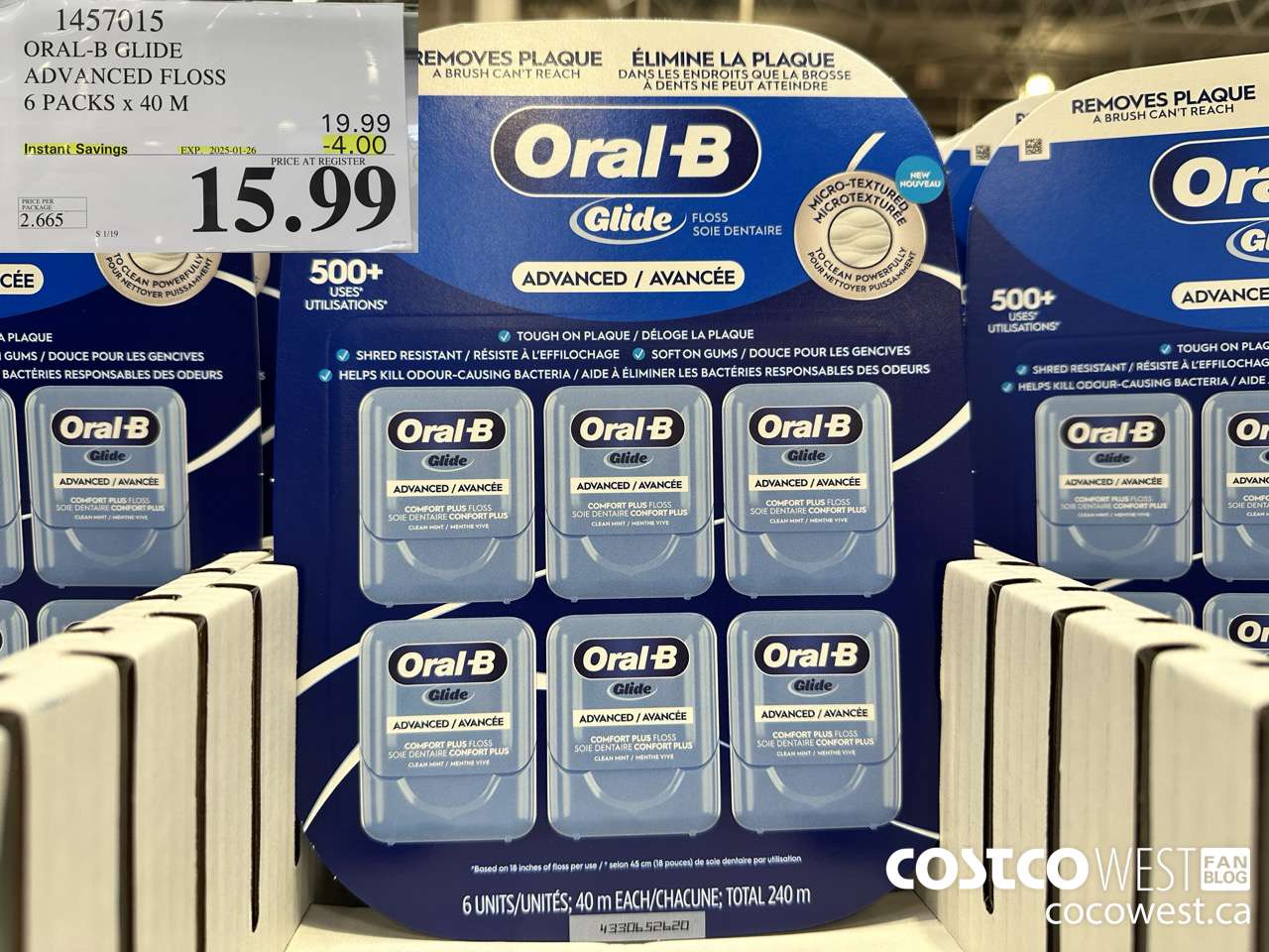 1457015 ORAL-B GLIDE ADVANCED FLOSS 6 PACKS x 40 M ($4.00 INSTANT SAVINGS EXPIRES ON 2025-01-26) $15.99