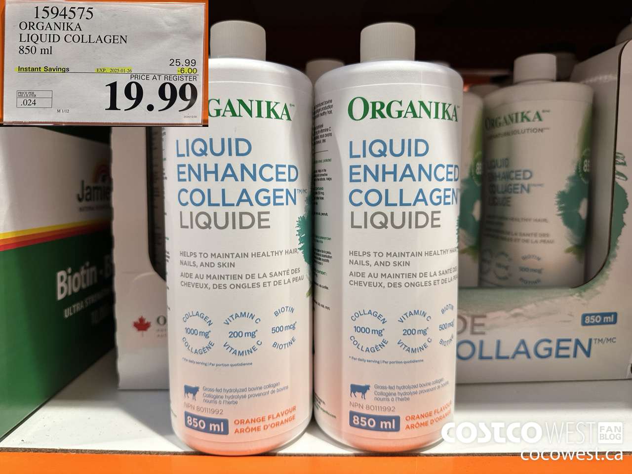 1594575 ORGANIKA LIQUID COLLAGEN 850 ML ($6.00 INSTANT SAVINGS EXPIRES ON 2025-01-26) $19.99