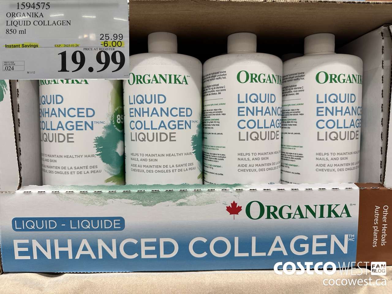 1594575 ORGANIKA LIQUID COLLAGEN 850 ML ($6.00 INSTANT SAVINGS EXPIRES ON 2025-01-26) $19.99