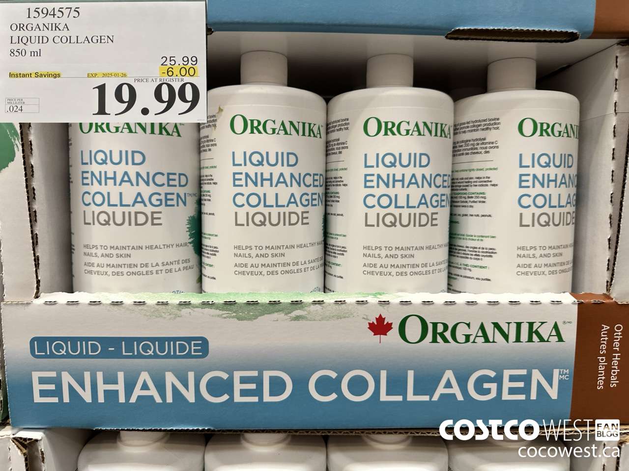 1594575 ORGANIKA LIQUID COLLAGEN 850 ML ($6.00 INSTANT SAVINGS EXPIRES ON 2025-01-26) $19.99