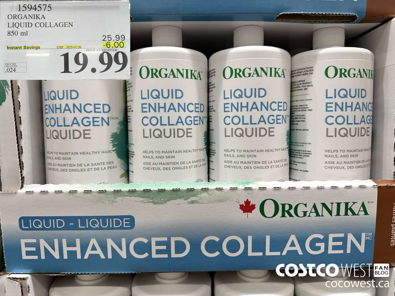1594575 ORGANIKA LIQUID COLLAGEN 850 ML ($6.00 INSTANT SAVINGS EXPIRES ON 2025-01-26) $19.99