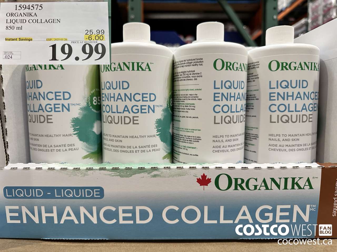 1594575 ORGANIKA LIQUID COLLAGEN 850 ML ($6.00 INSTANT SAVINGS EXPIRES ON 2025-01-26) $19.99