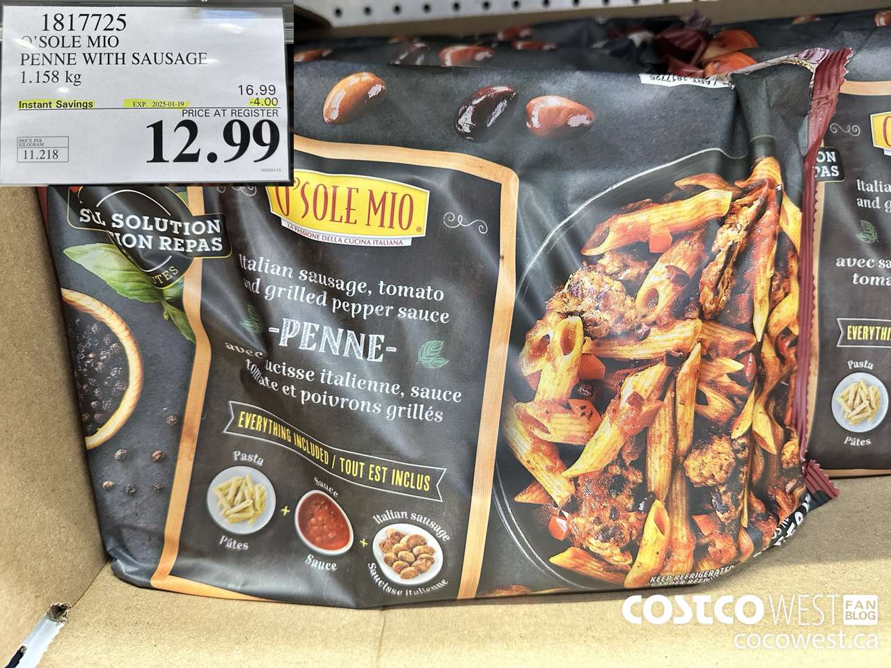 1817725 O'SOLE MIO PENNE WITH SAUSAGE 1.158KG ($4.00 INSTANT SAVINGS EXPIRES ON 2025-01-19) $12.99