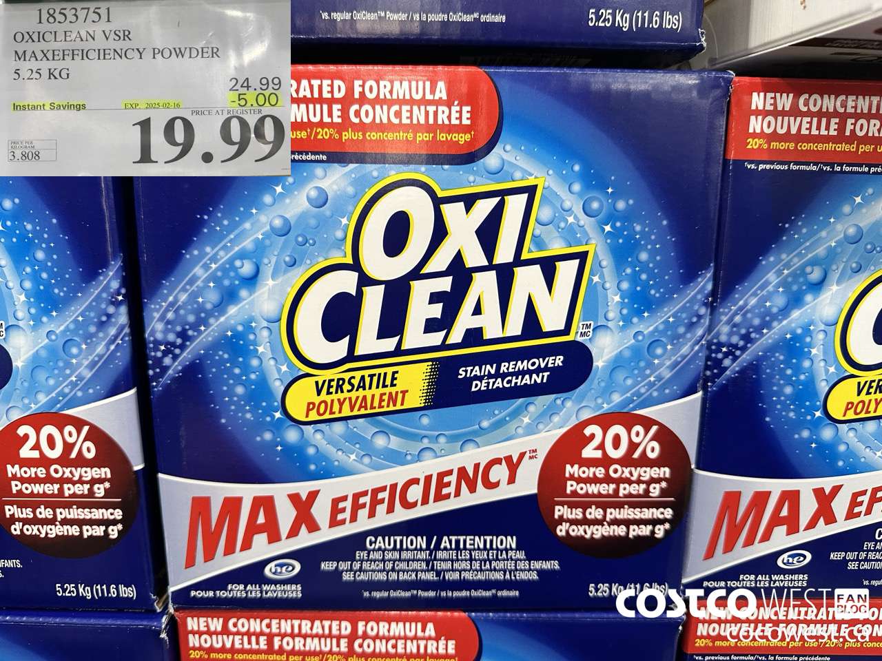 1853751 OXICLEAN VSR MAXEFFICIENCY POWDER 5.25KG ($5.00 INSTANT SAVINGS EXPIRES ON 2025-02-16) $19.99
