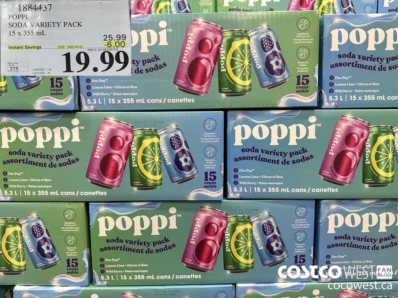 1884437 POPPI SODA VARIETY PACK 15 X 355ML ($6.00 INSTANT SAVINGS EXPIRES ON 2025-02-02) $19.99