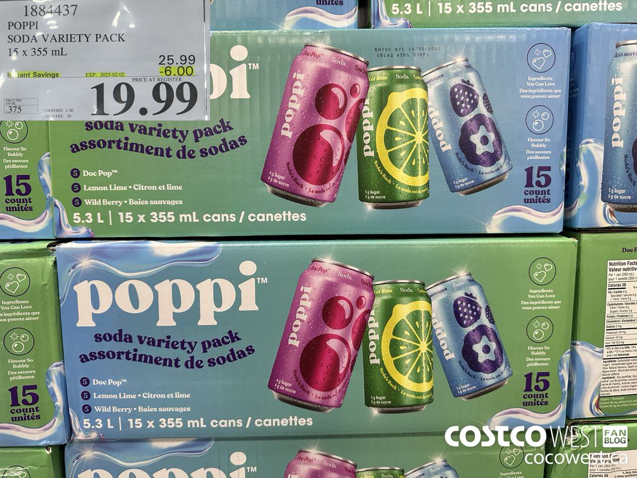 1884437 POPPI SODA VARIETY PACK 15 X 355ML ($6.00 INSTANT SAVINGS EXPIRES ON 2025-02-02) $19.99