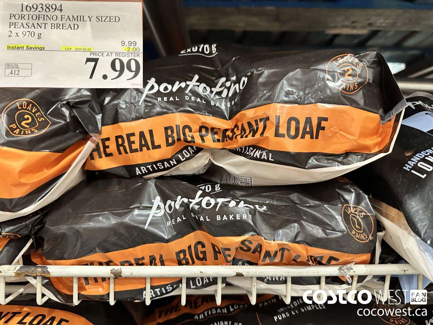 1693894 PORTOFINO FAMILY SIZED PEASANT BREAD 2 x 970g ($2.00 INSTANT SAVINGS EXPIRES ON 2025-02-02) $7.99