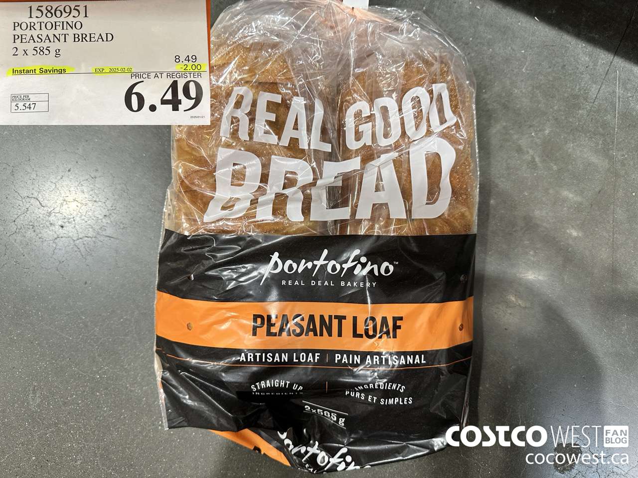 1586951 PORTOFINO PEASANT BREAD 2 X 585 g ($2.00 INSTANT SAVINGS EXPIRES ON 2025-02-02) $6.49