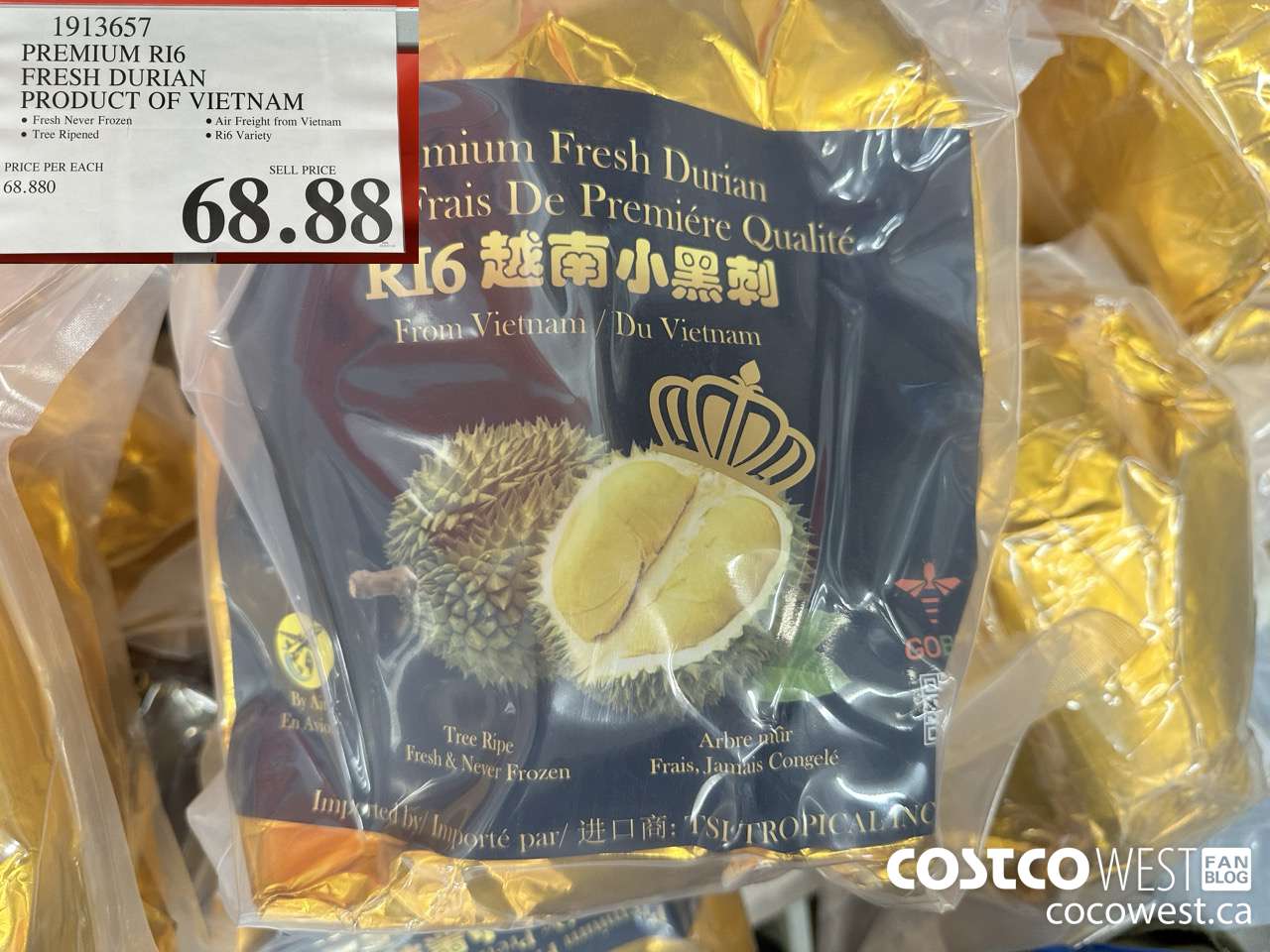1913657 PREMIUM RI6 FRESH DURIAN PRODUCT OF VIETNAM $68.88
