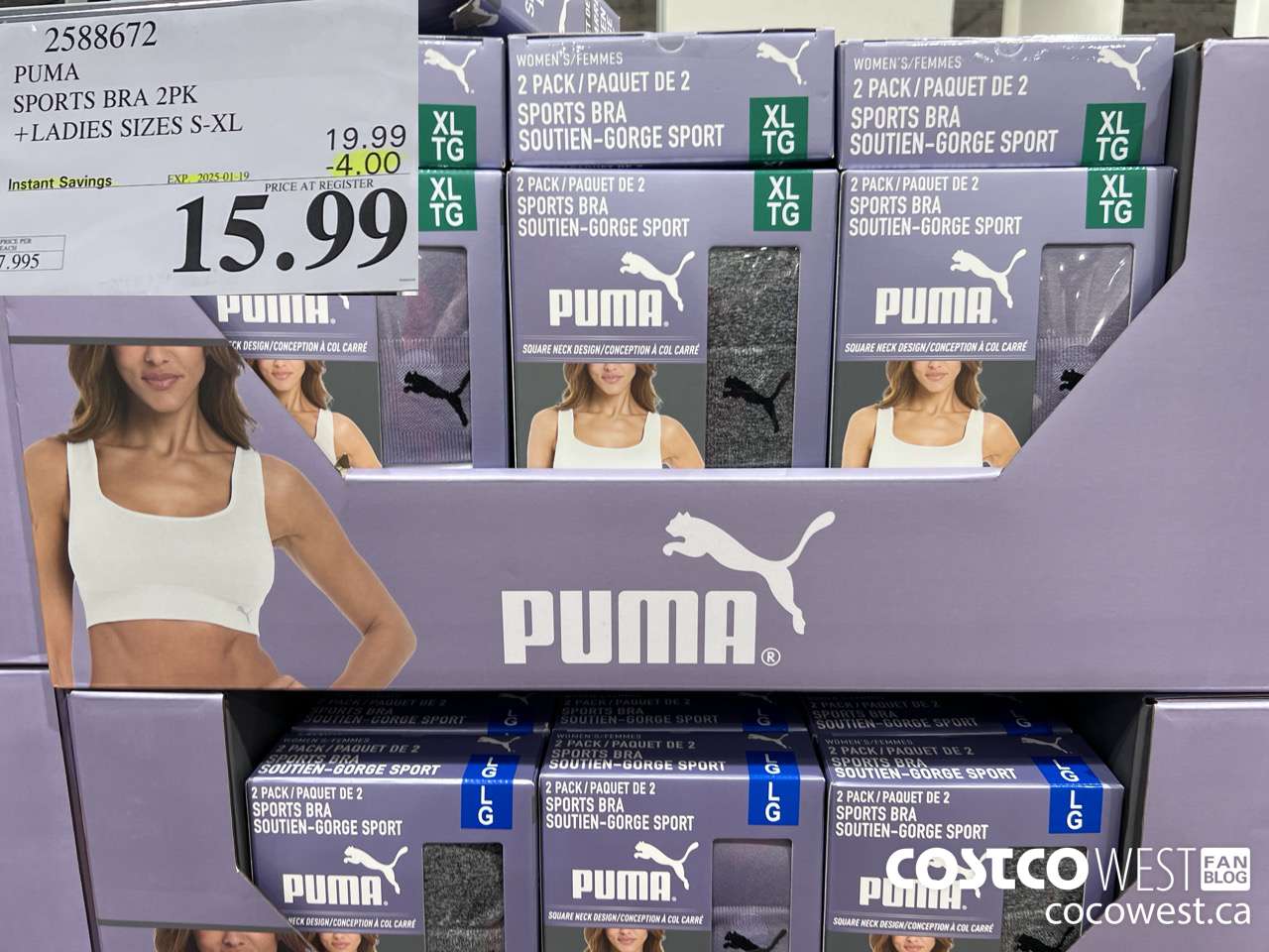 2588672 PUMA SPORTS BRA 2PK LADIES SIZES S-XL ($4.00 INSTANT SAVINGS EXPIRES ON 2025-01-19) $15.99