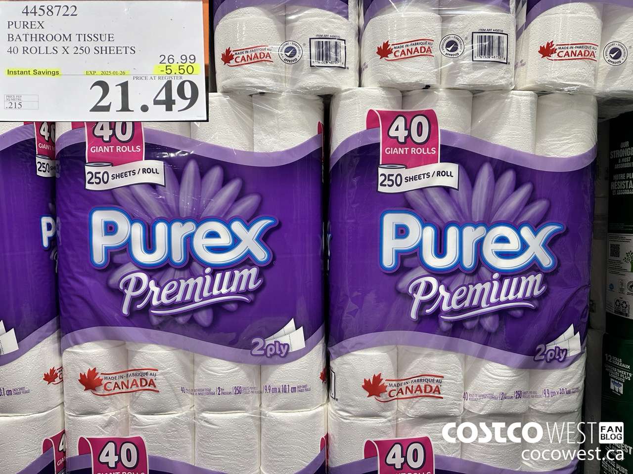 4458722 PUREX BATHROOM TISSUE 40 ROLLS X 250 SHEETS ($5.50 INSTANT SAVINGS EXPIRES ON 2025-01-26) $21.49