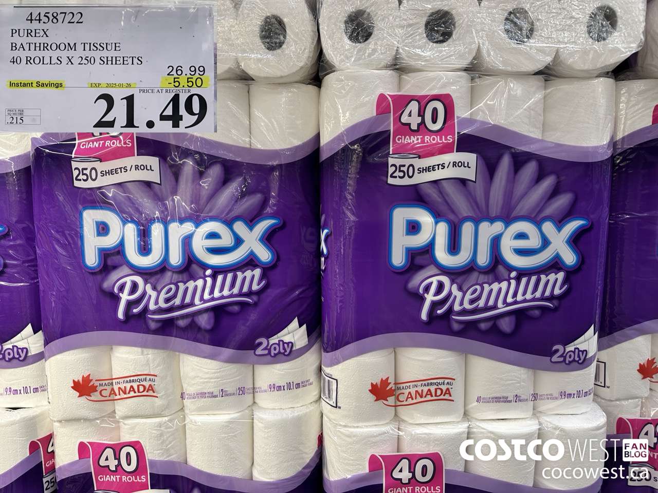 4458722 PUREX BATHROOM TISSUE 40 ROLLS X 250 SHEETS ($5.50 INSTANT SAVINGS EXPIRES ON 2025-01-26) $21.49