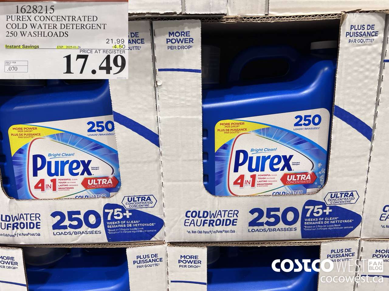 1628215 PUREX CONCENTRATED COLD WATER DETERGENT 250 WASHLOADS ($4.50 INSTANT SAVINGS EXPIRES ON 2025-01-26) $17.49