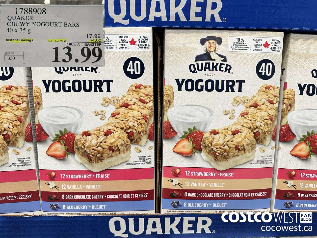 1788908 QUAKER CHEWY YOGOURT BARS 40 X 35 G ($4.00 INSTANT SAVINGS EXPIRES ON 2025-01-26) $13.99