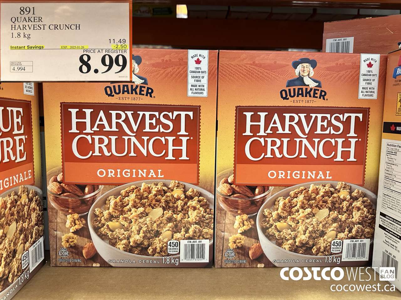 891 QUAKER HARVEST CRUNCH 1.8 KG ($2.50 INSTANT SAVINGS EXPIRES ON 2025-01-26) $8.99