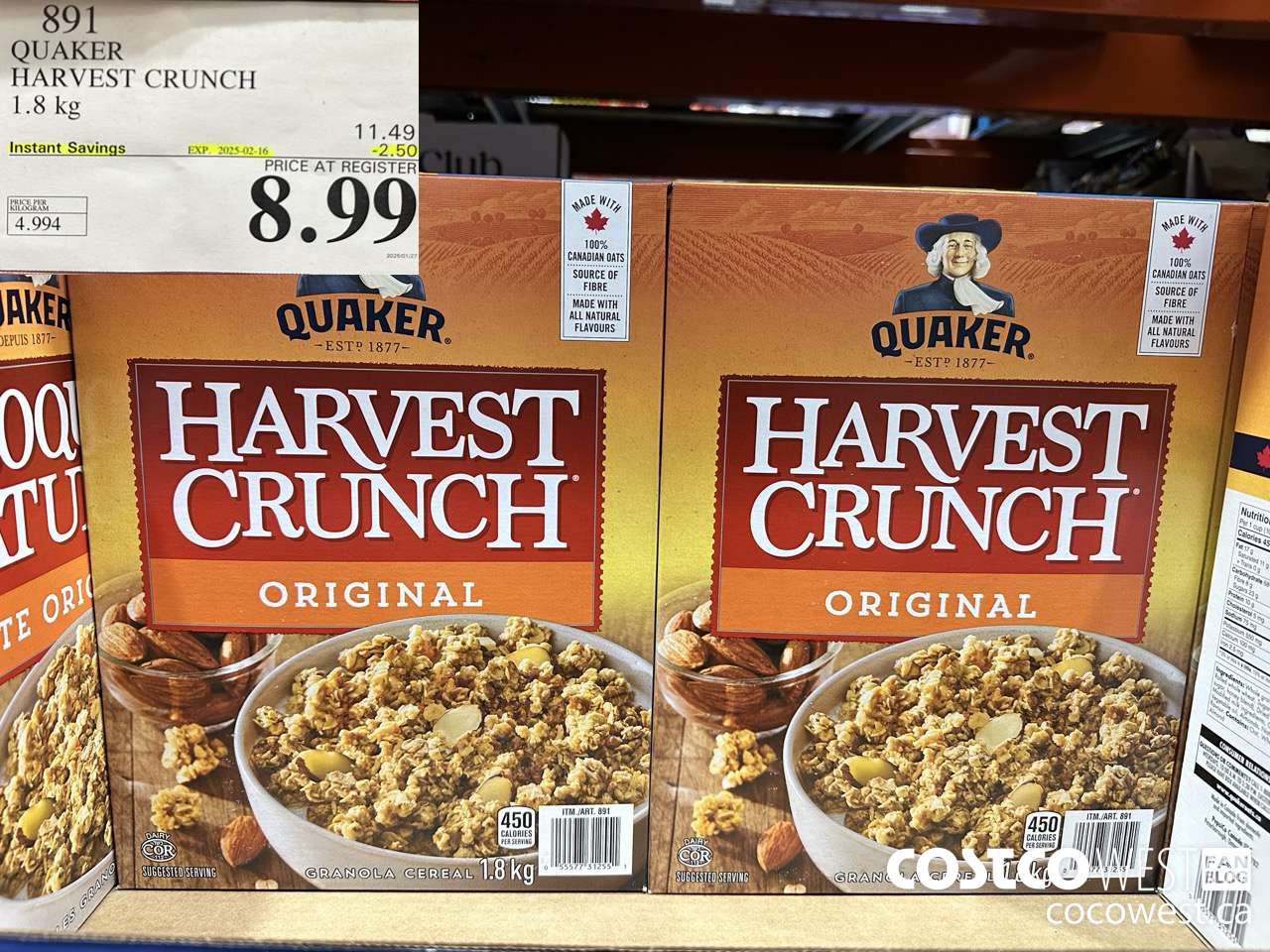891 QUAKER HARVEST CRUNCH 1.8 KG ($2.50 INSTANT SAVINGS EXPIRES ON 2025-02-16) $8.99