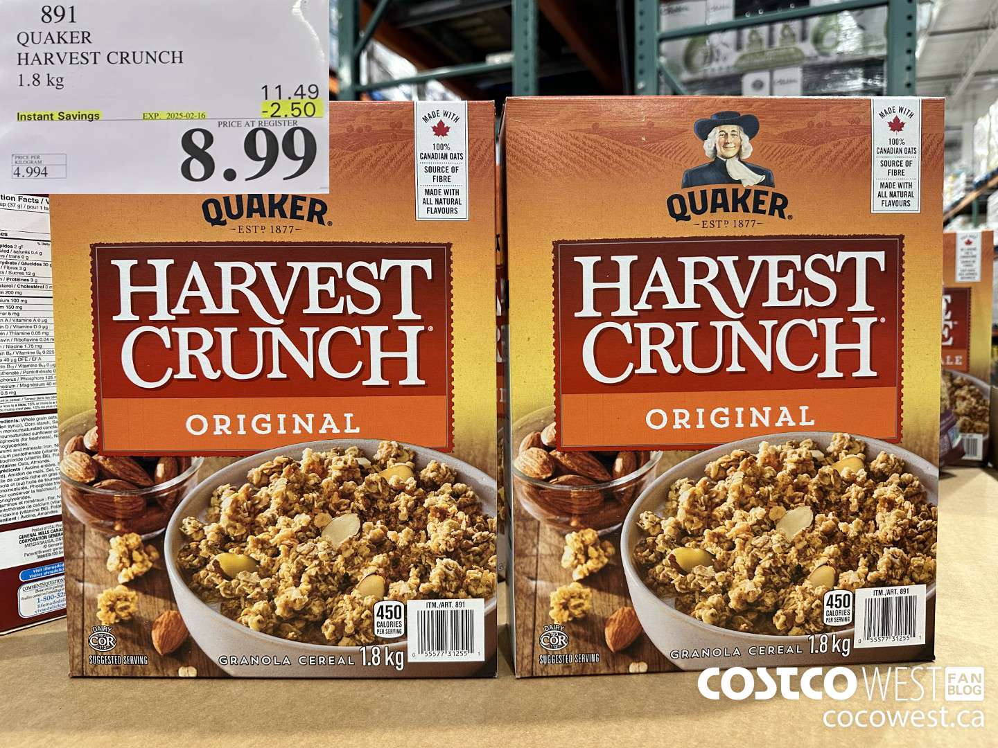 891 QUAKER HARVEST CRUNCH 1.8 KG ($2.50 INSTANT SAVINGS EXPIRES ON 2025-02-16) $8.99