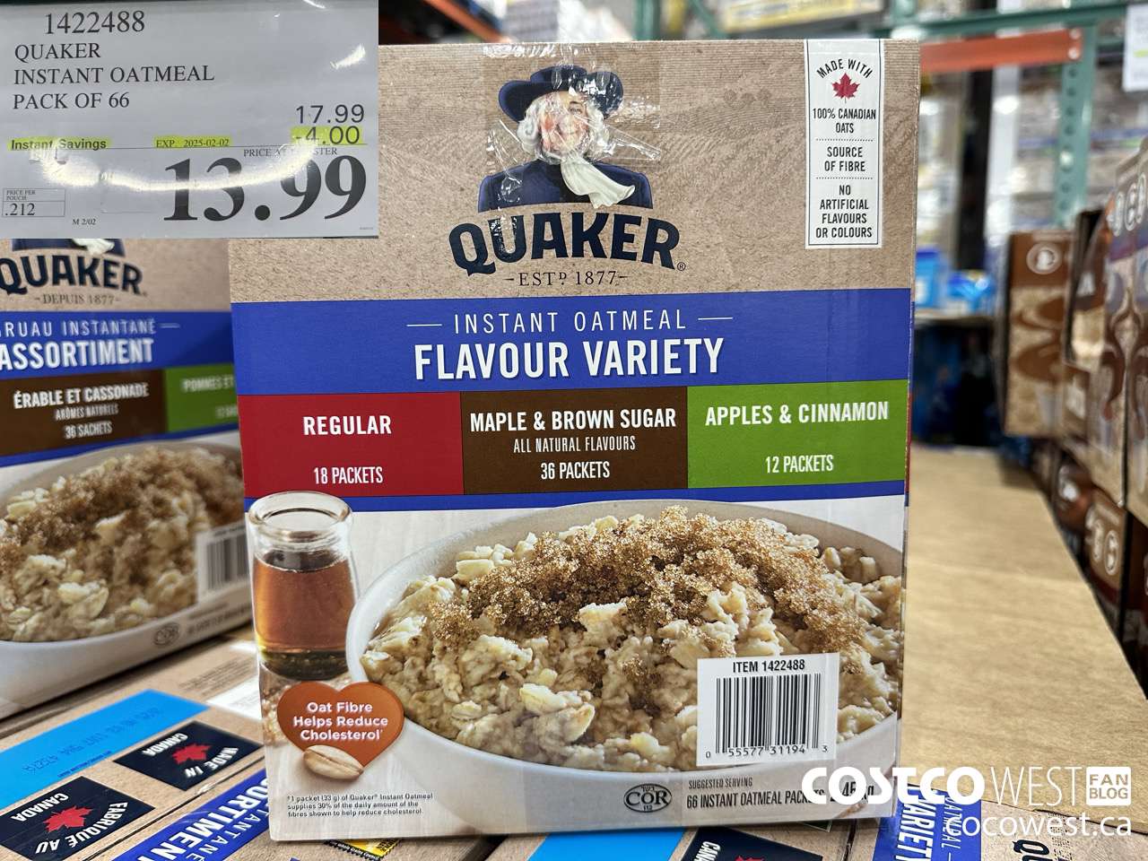 1422488 QUAKER INSTANT OATMEAL 66 COUNT ($4.00 INSTANT SAVINGS EXPIRES ON 2025-02-02) $13.99