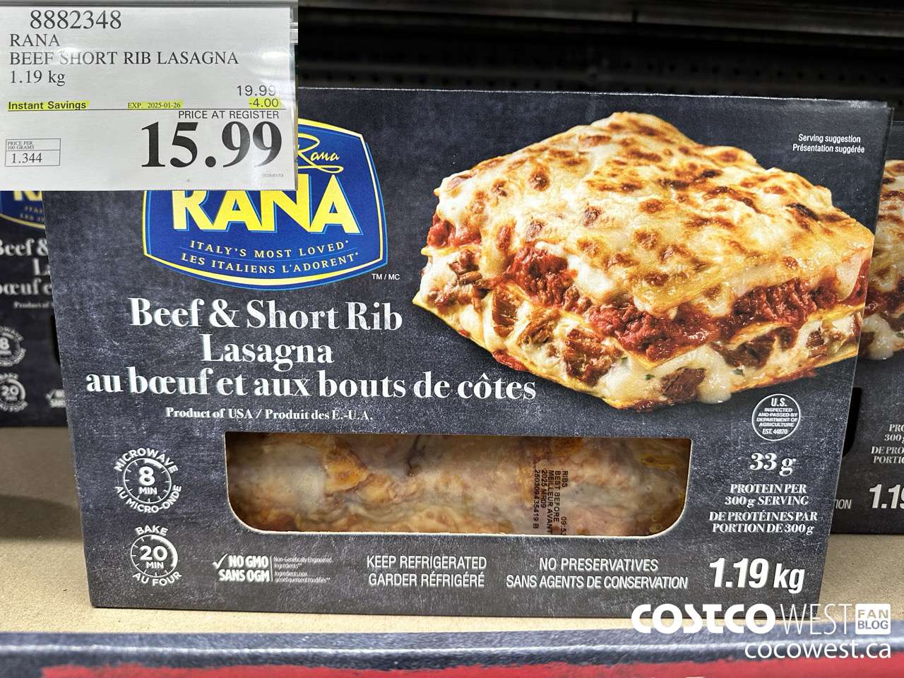 8882348 RANA BEEF SHORT RIB LASAGNA 1.19 KG ($4.00 INSTANT SAVINGS EXPIRES ON 2025-01-26) $15.99