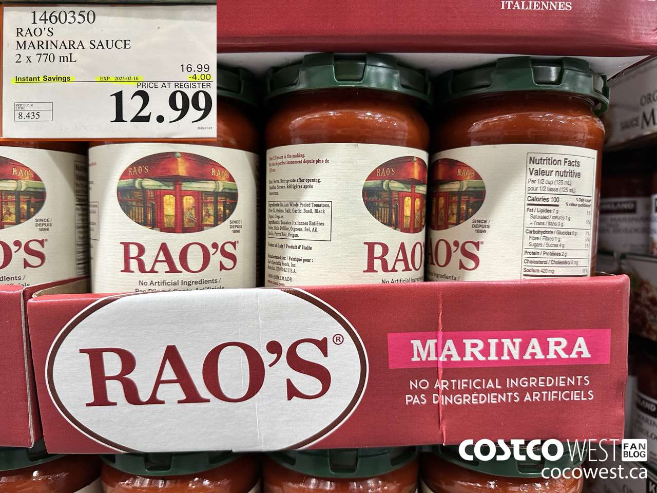 1460350 RAO'S MARINARA SAUCE 2 x 770mL ($4.00 INSTANT SAVINGS EXPIRES ON 2025-02-16) $12.99