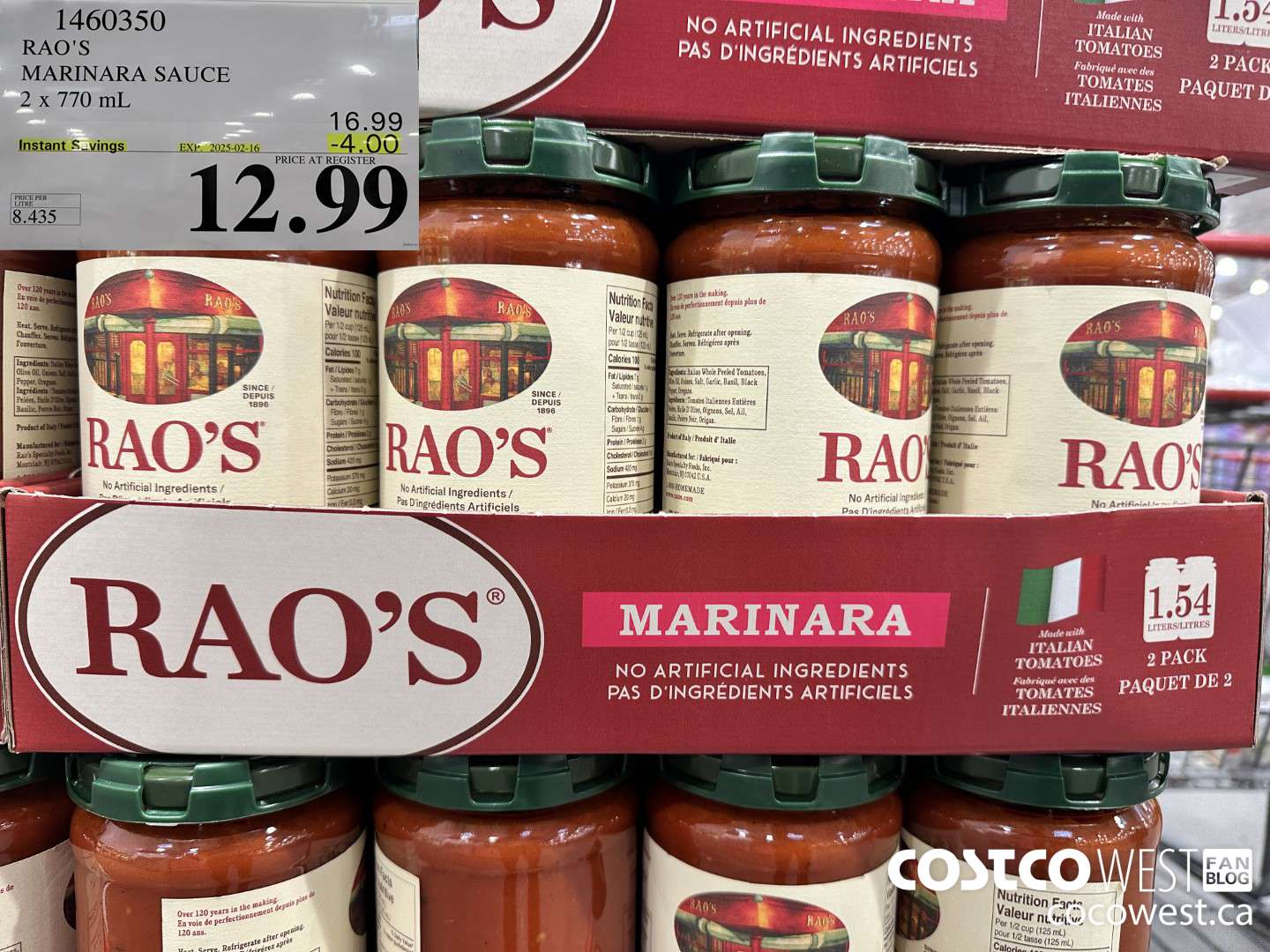 1460350 RAO'S MARINARA SAUCE 2 x 770mL ($4.00 INSTANT SAVINGS EXPIRES ON 2025-02-16) $12.99